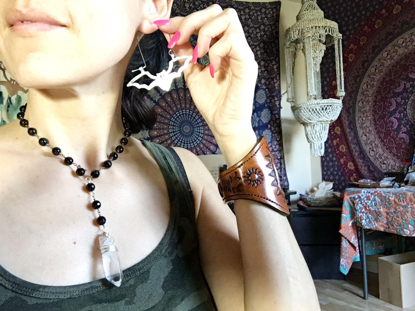 Hand Cut Bat Hoop Earrings: Metal Halloween Jewelry