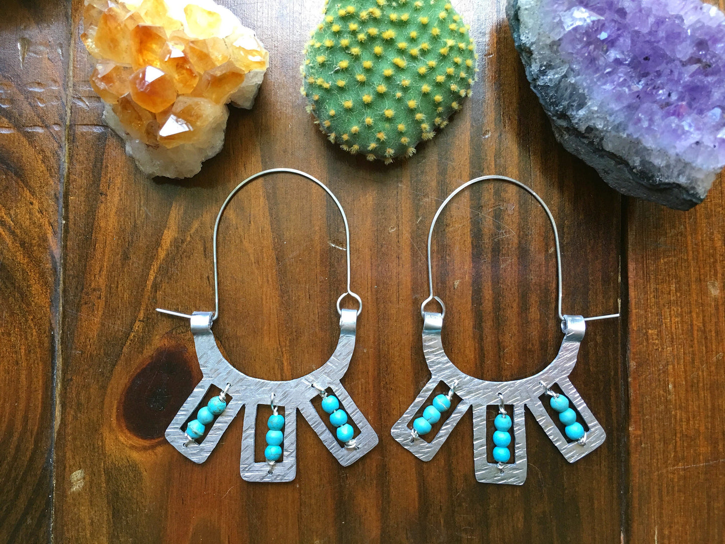 Handmade Metal Hoop Earrings: Beaded Tribal Design