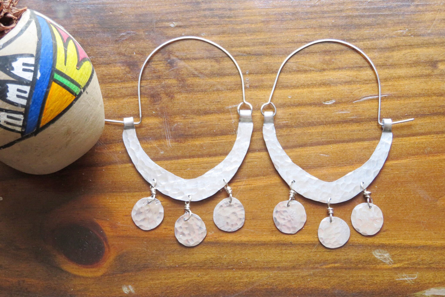 Rustic Hammered Coin Hoop Earrings: Handmade Metal Dangles
