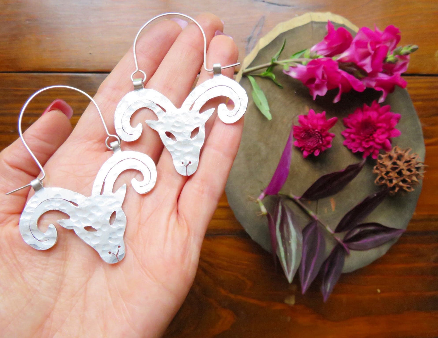 Handmade Ram Hoop Earrings: Metal Aries Jewelry