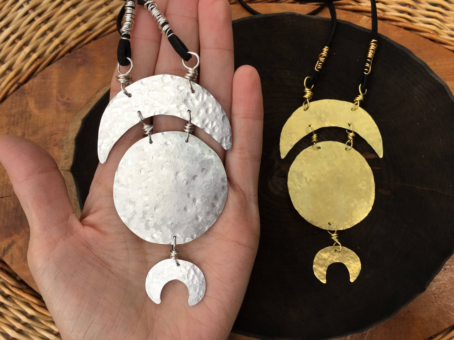 Handmade Tribal Moon Phase Necklace: Vegan Suede Cord