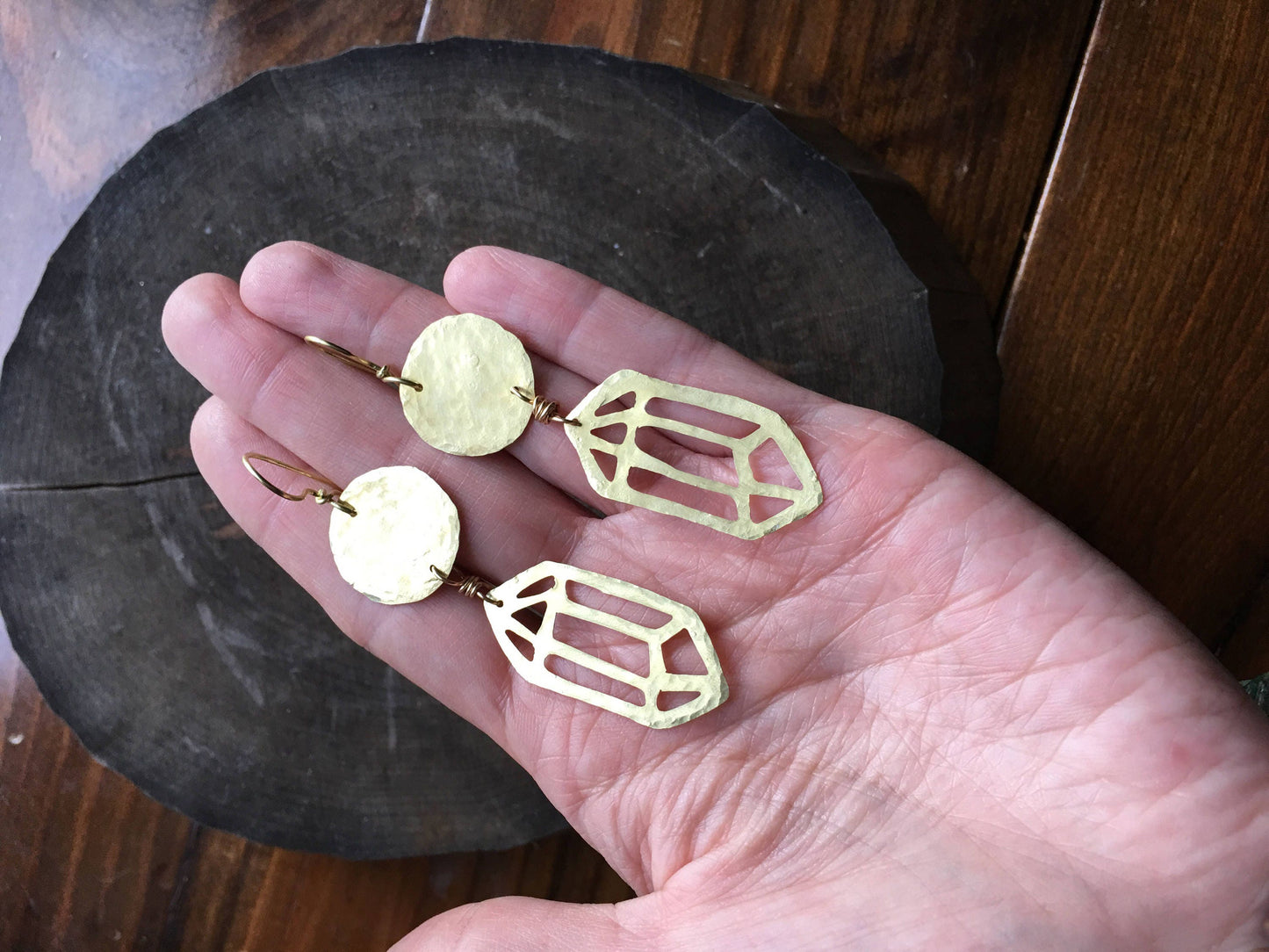 Handmade Crystal Dangle Earrings: Hammered Metal Cutout