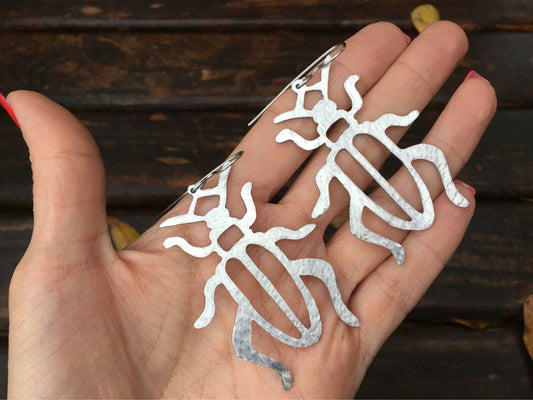 Handmade Metal Beetle Earrings: Large Insect Jewelry