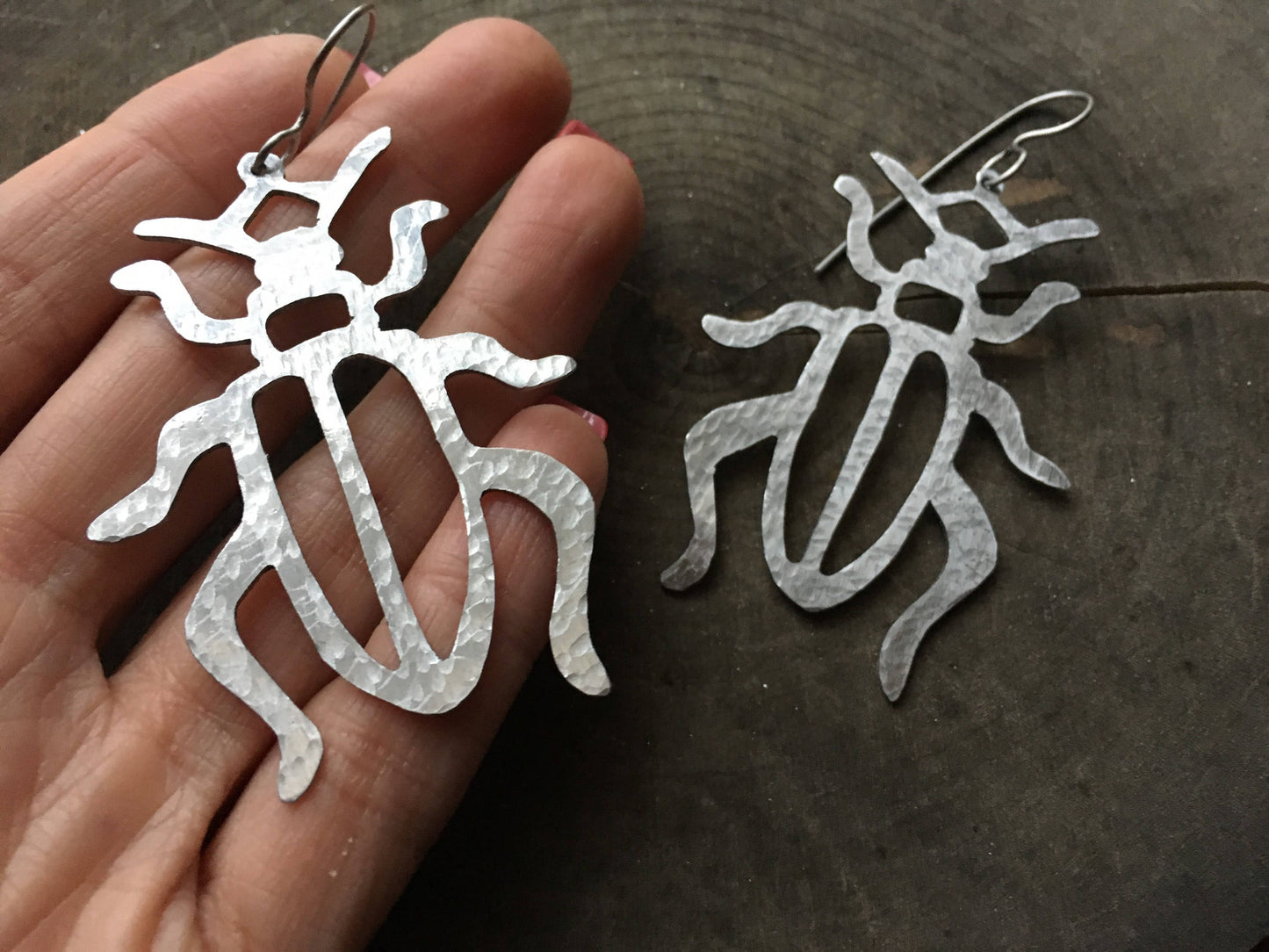 Handmade Metal Beetle Earrings: Large Insect Jewelry
