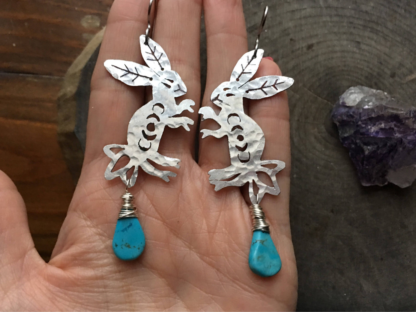Otomi Rabbit Earrings: Handmade Aluminum Lunar Jewelry, Turquoise Accent