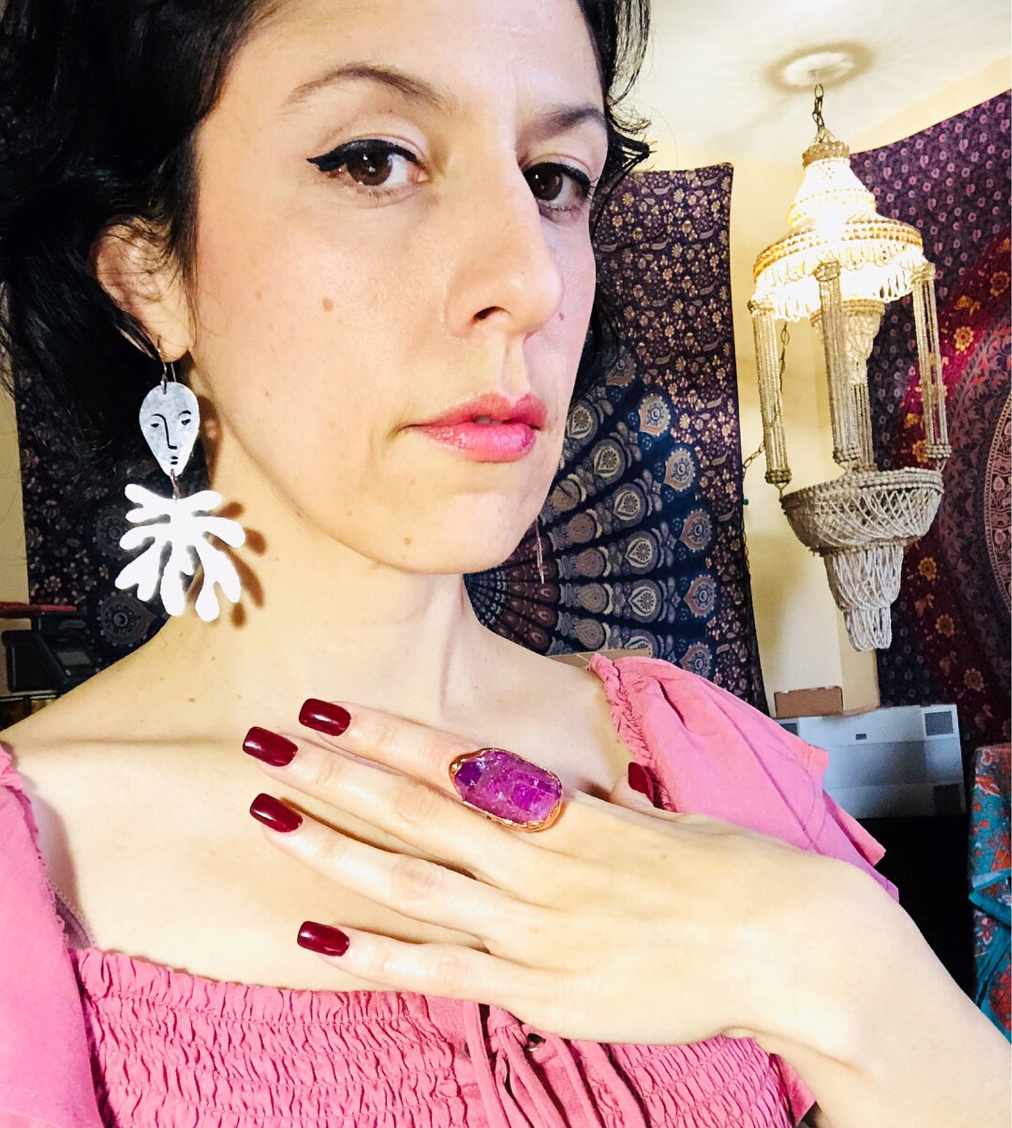 Handmade Surreal Face & Laurel Earrings: Brass Dangle Earrings