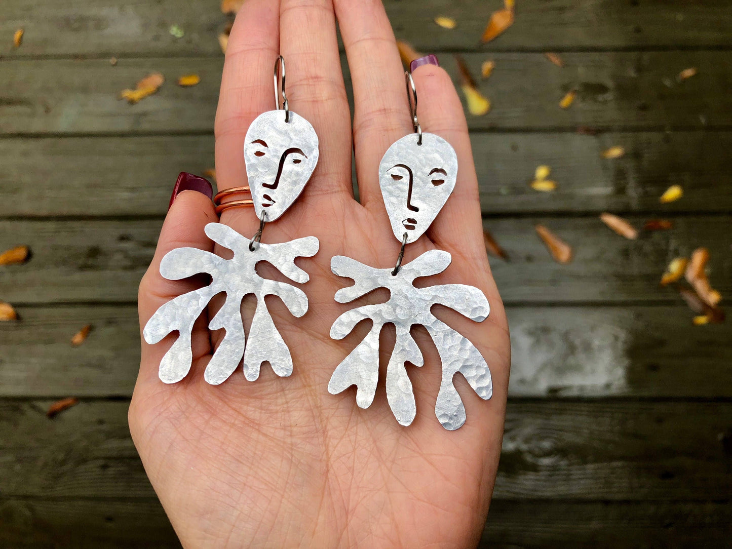 Handmade Surreal Face & Laurel Earrings: Brass Dangle Earrings
