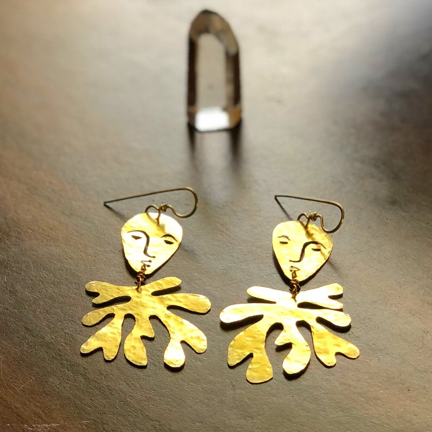 Handmade Surreal Face & Laurel Earrings: Brass Dangle Earrings