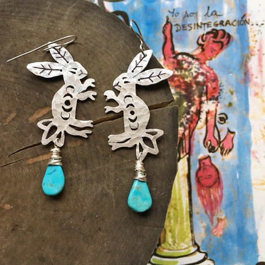 Otomi Rabbit Earrings: Handmade Aluminum Lunar Jewelry, Turquoise Accent