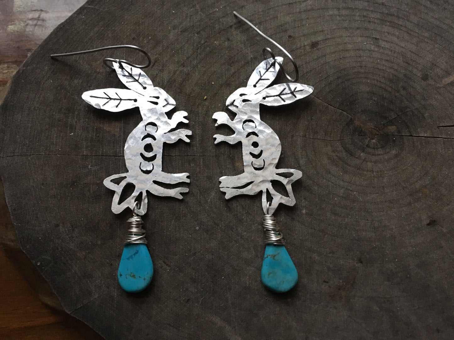 Otomi Rabbit Earrings: Handmade Aluminum Lunar Jewelry, Turquoise Accent