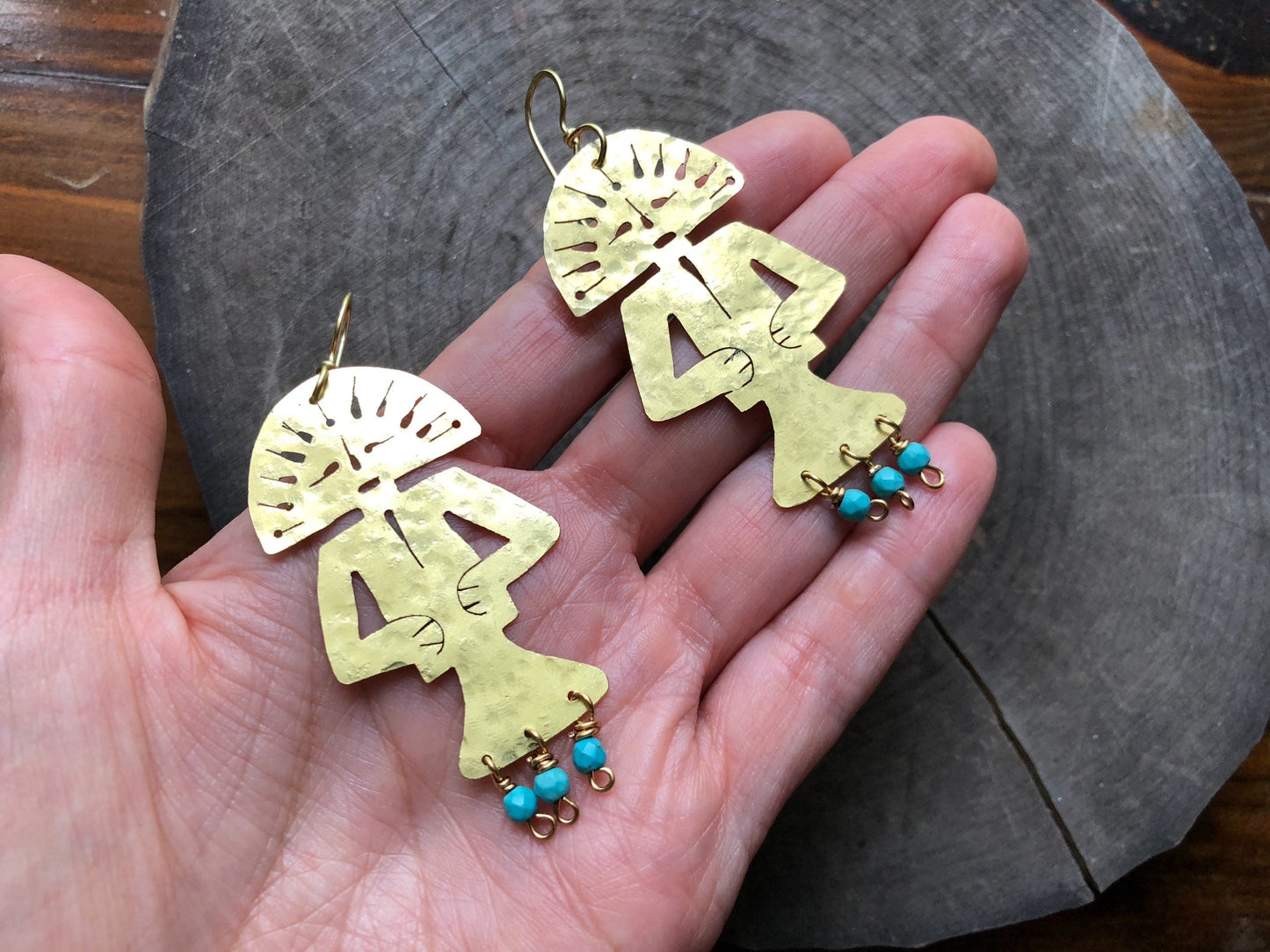 Handmade Tribal Earrings: Brass Human Figure with Magnesite Beads