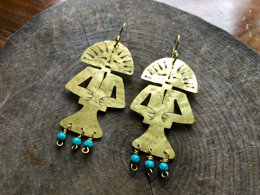 Handmade Tribal Earrings: Brass Human Figure with Magnesite Beads