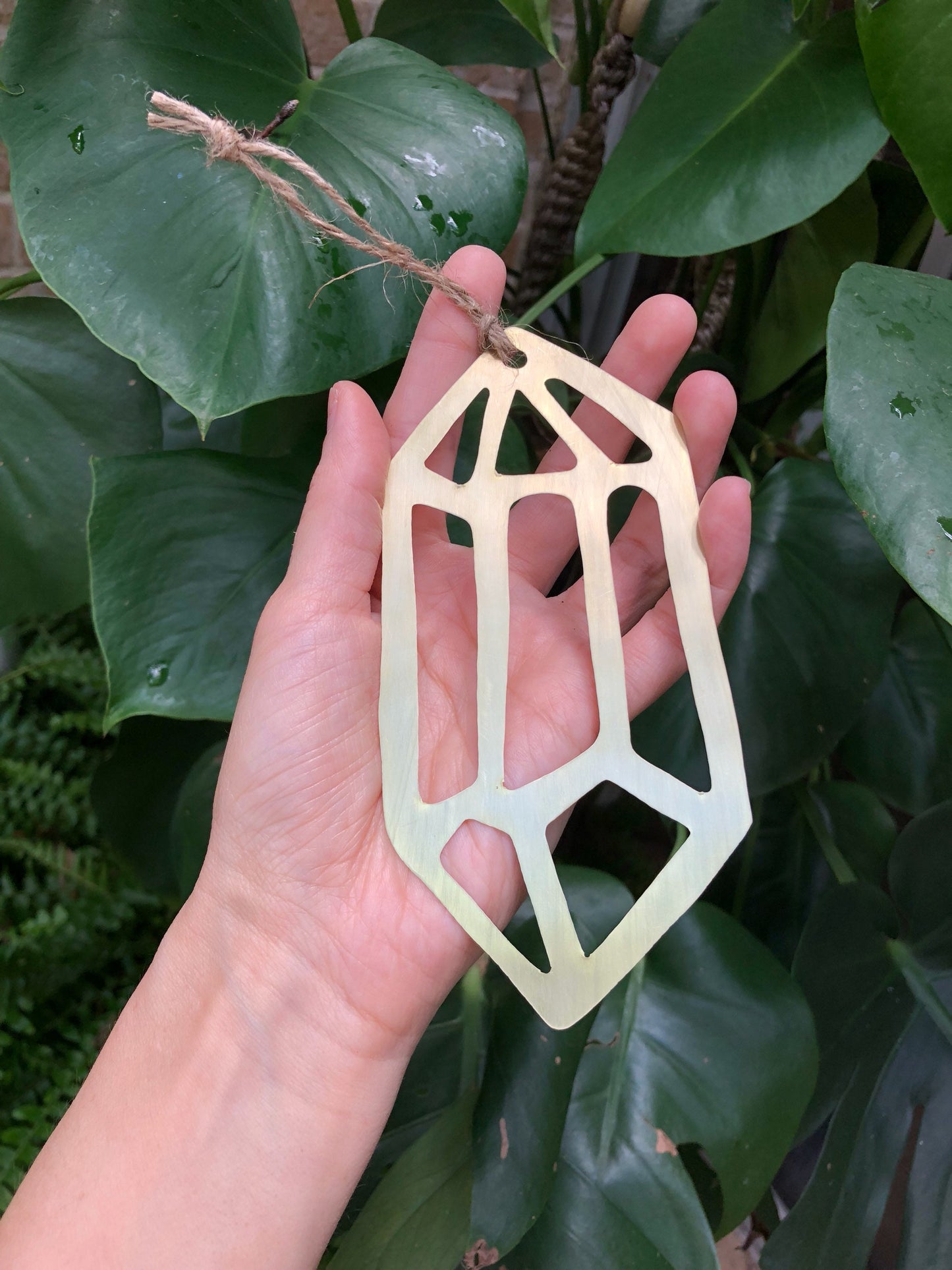 Brass Crystal Cutout Ornament: Geometric Metal Plant Decor