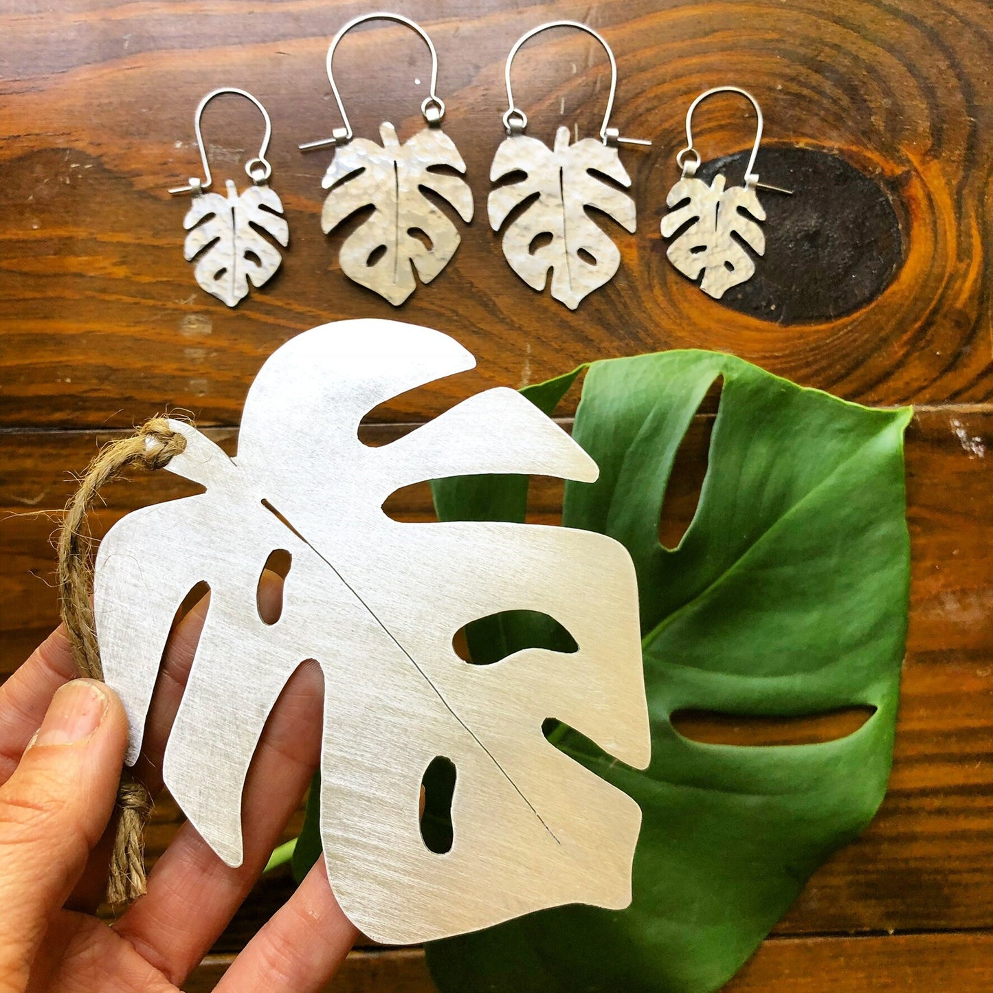Handmade Monstera Leaf Hoop Earrings: Brass Tropical Jewelry
