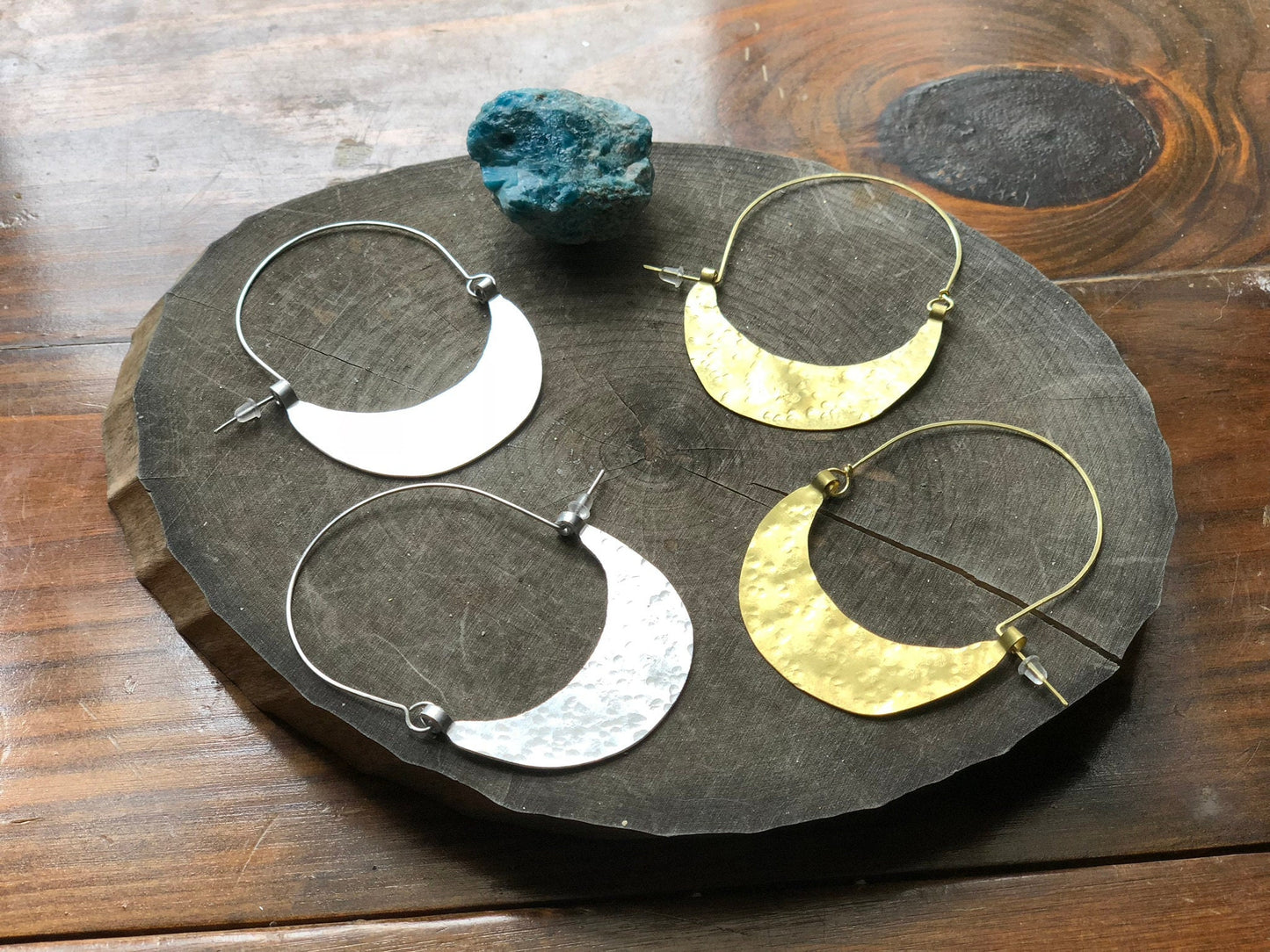 Rustic Hammered Metal Hoop Earrings: Handmade Crescent Design