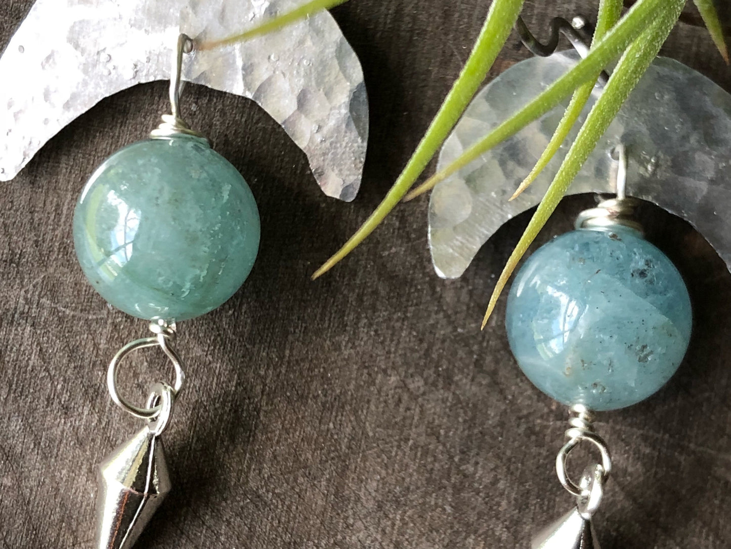 Handmade Crescent Moon Aquamarine Earrings: Aluminum & Stainless Steel