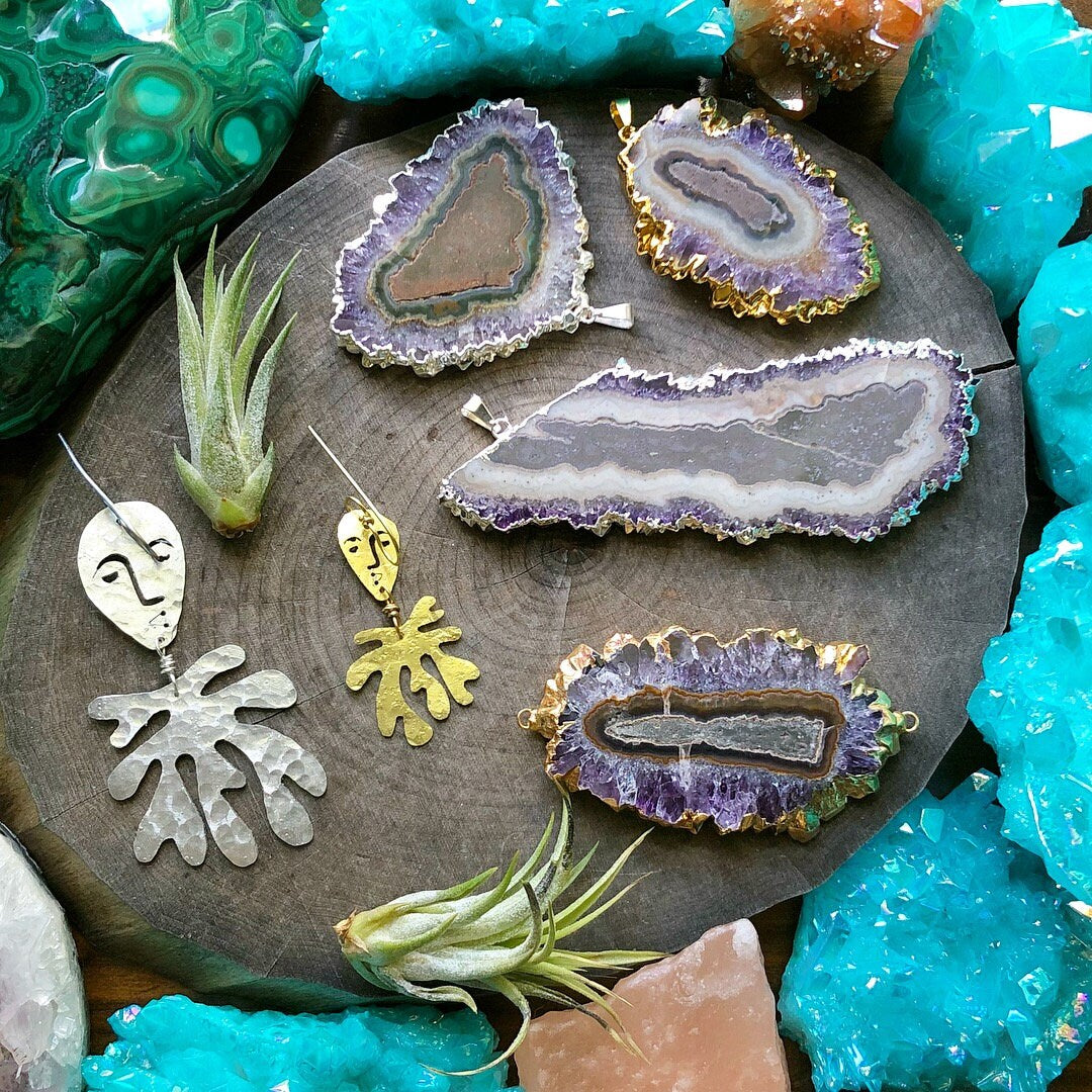 Handmade Surreal Face & Laurel Earrings: Brass Dangle Earrings