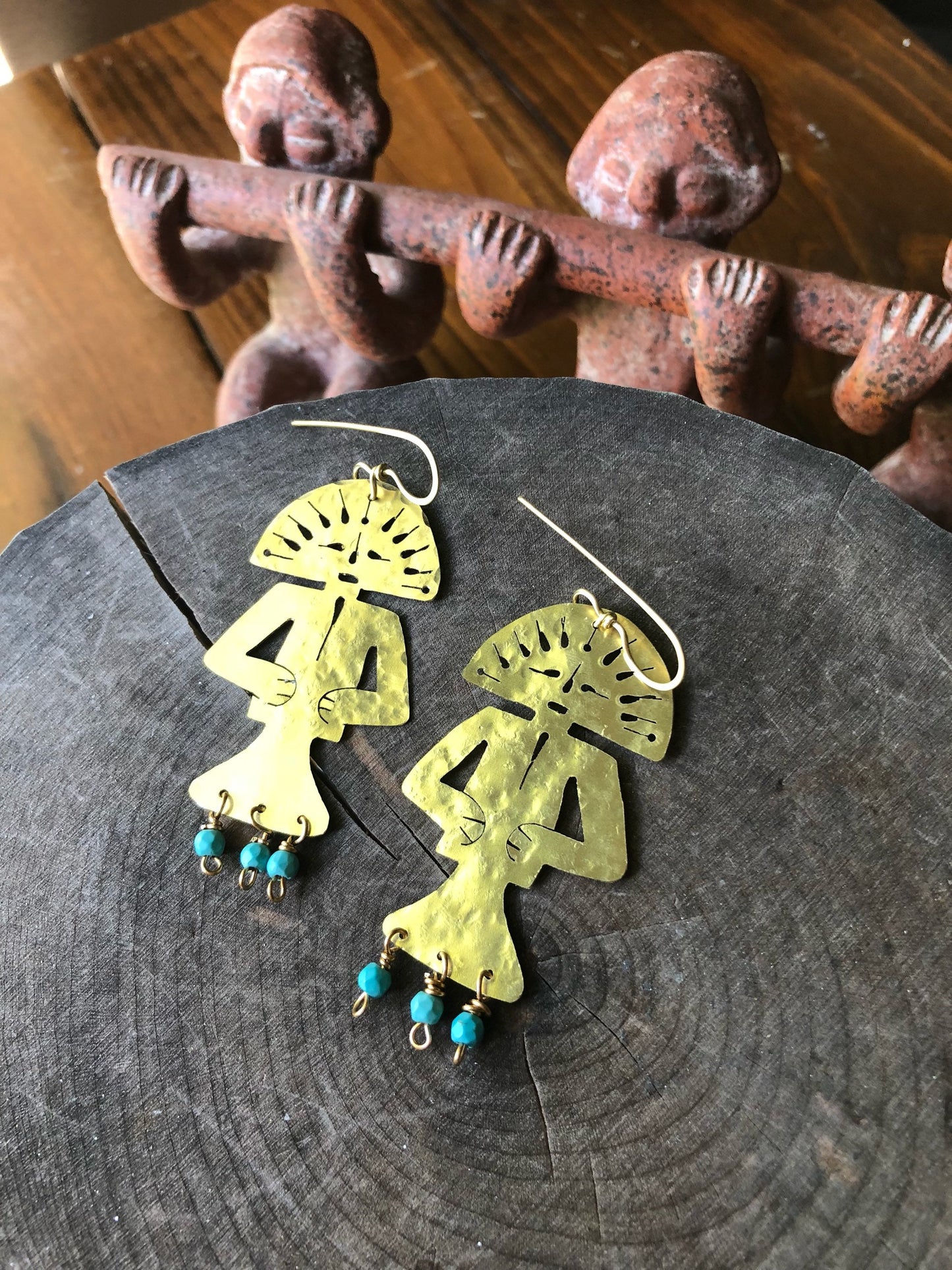 Handmade Tribal Earrings: Brass Human Figure with Magnesite Beads