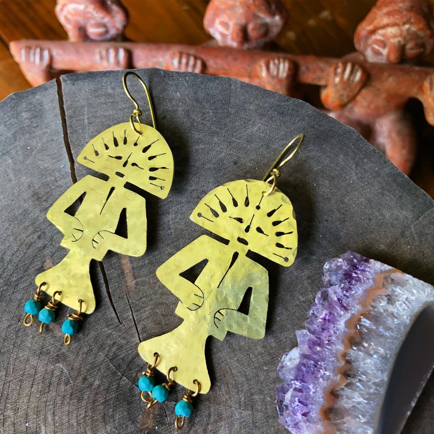 Handmade Tribal Earrings: Brass Human Figure with Magnesite Beads