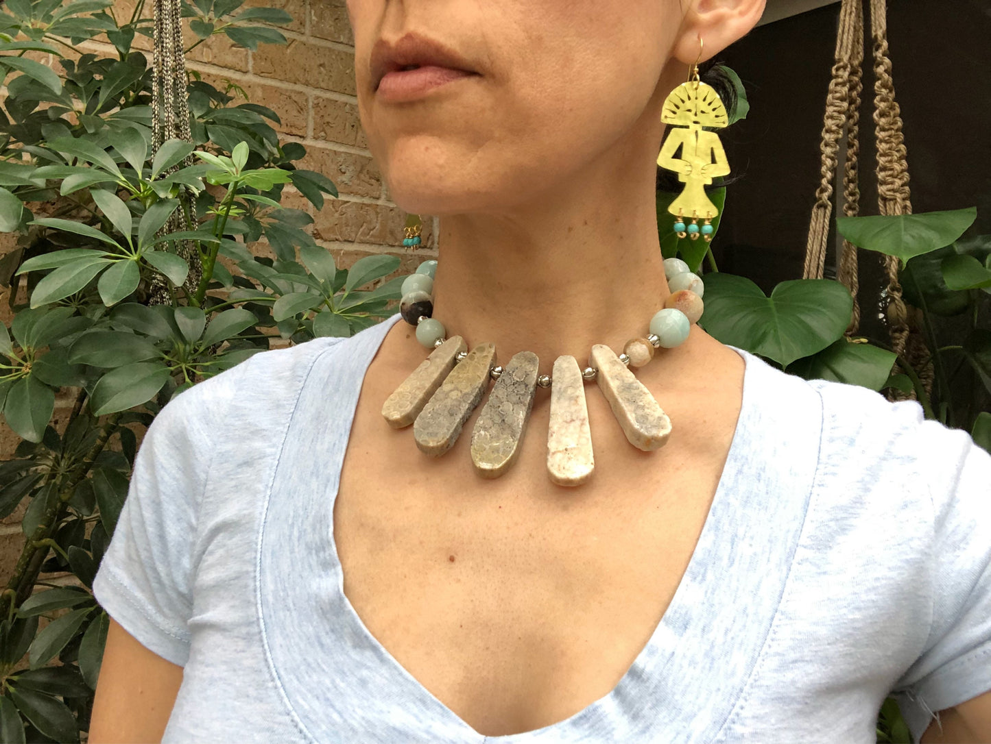 Handmade Tribal Earrings: Brass Human Figure with Magnesite Beads