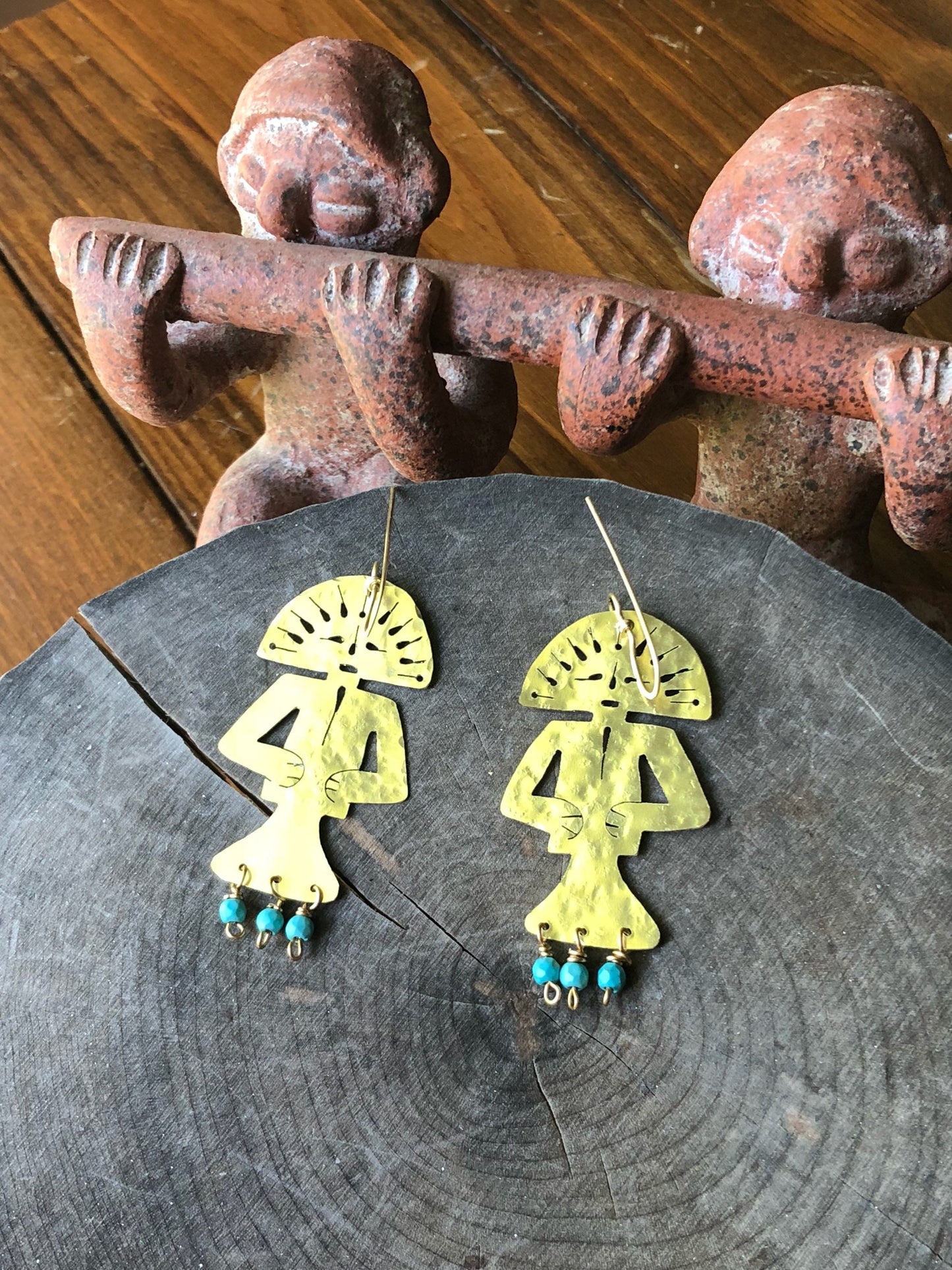 Handmade Tribal Earrings: Brass Human Figure with Magnesite Beads