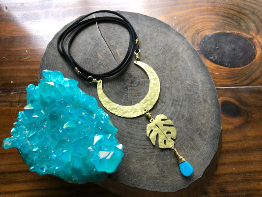 Crescent Moon & Monstera Leaf Necklace: Handmade Celestial Garden Jewelry