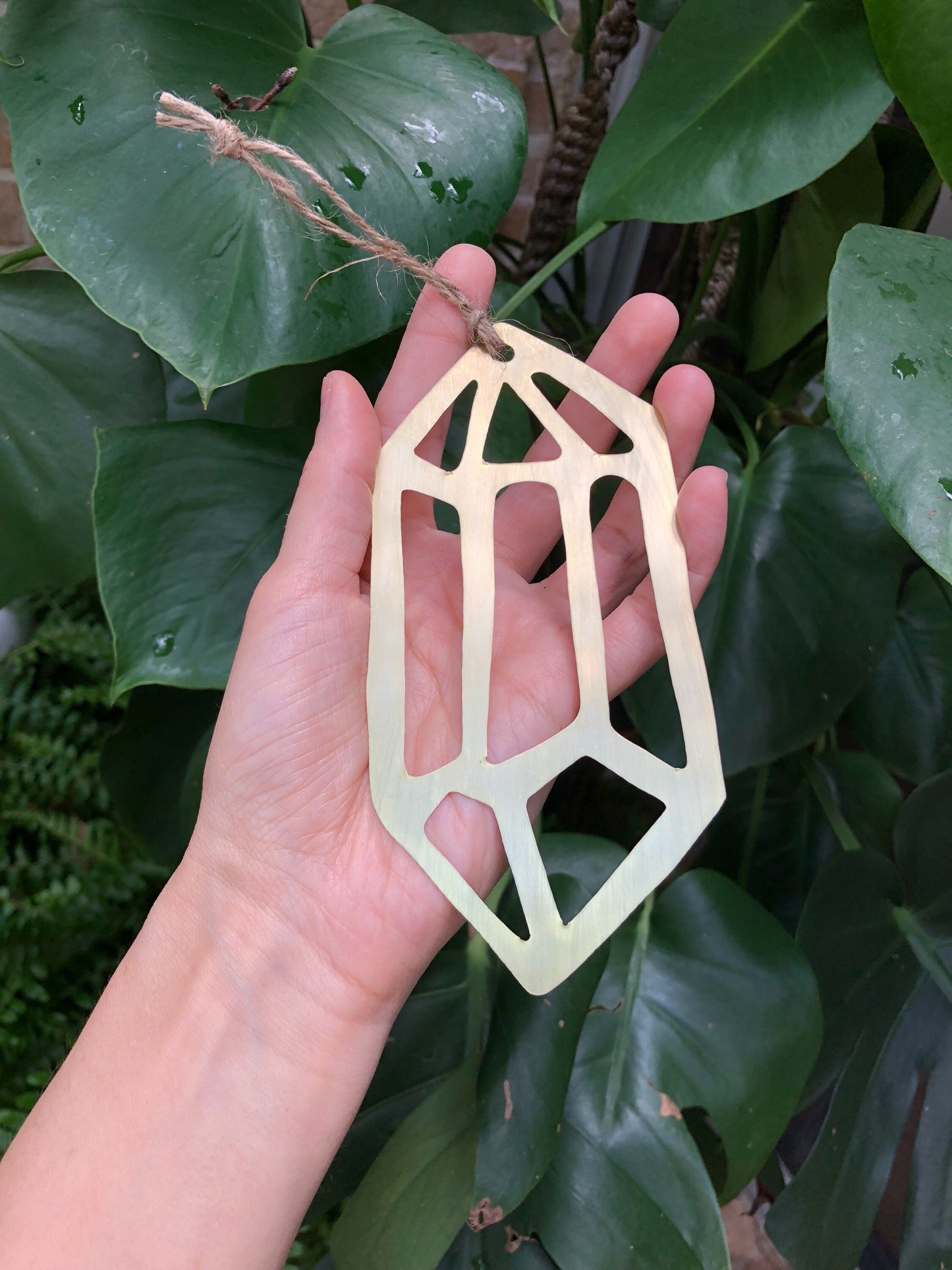 Brass Crystal Cutout Ornament: Geometric Metal Plant Decor