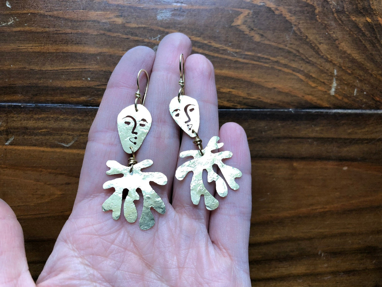 Handmade Surreal Face & Laurel Earrings: Brass Dangle Earrings