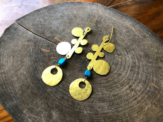Handmade Turquoise Brass Earrings: Long Dangle Earrings