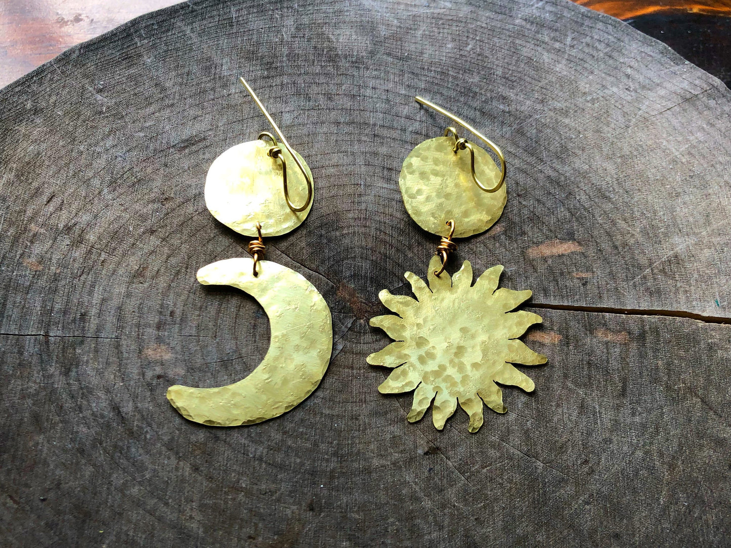 Handmade Sun and Moon Dangle Earrings: Mixed Metal Celestial Jewelry