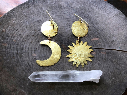 Handmade Sun and Moon Dangle Earrings: Mixed Metal Celestial Jewelry