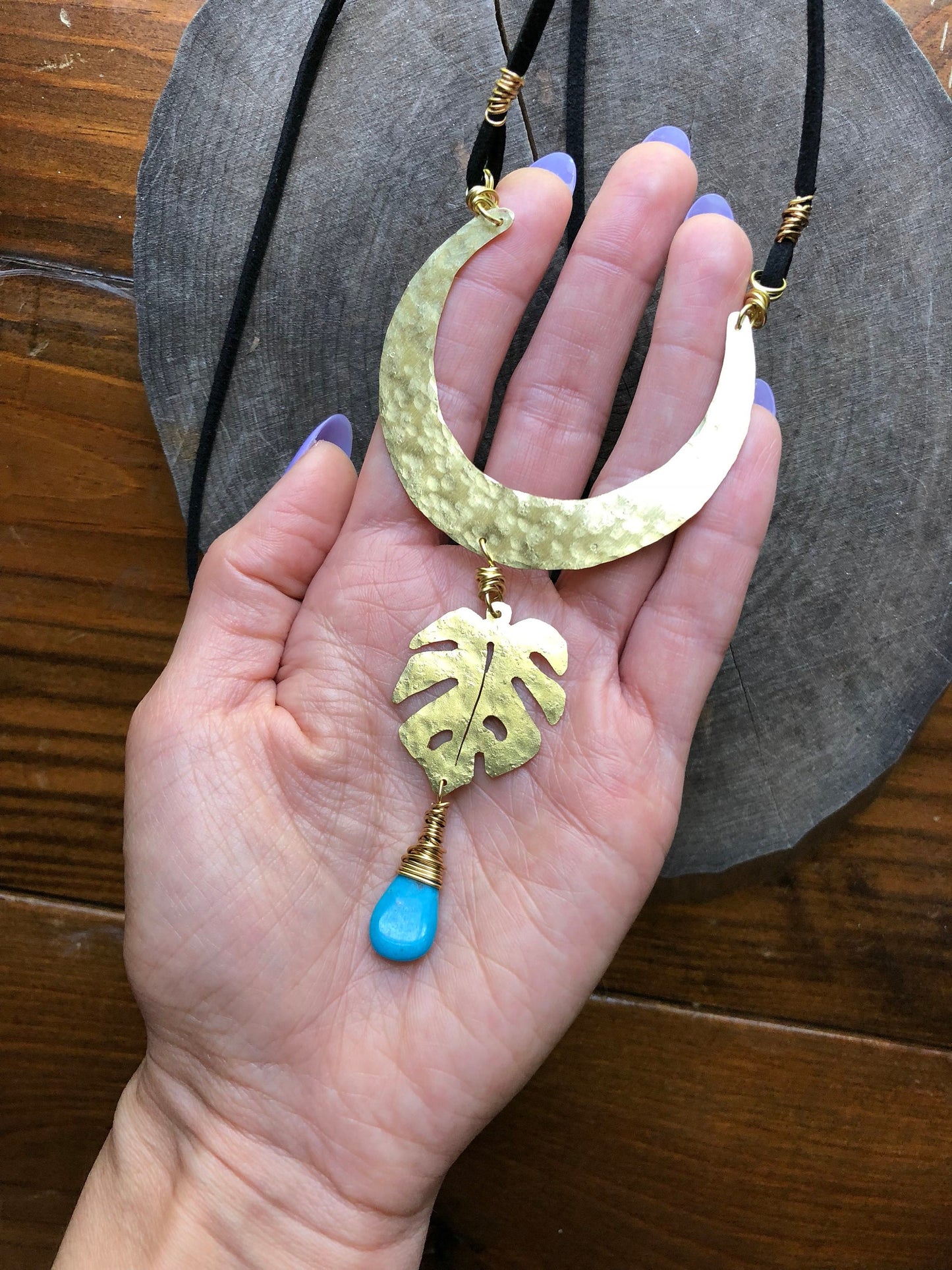 Crescent Moon & Monstera Leaf Necklace: Handmade Celestial Garden Jewelry