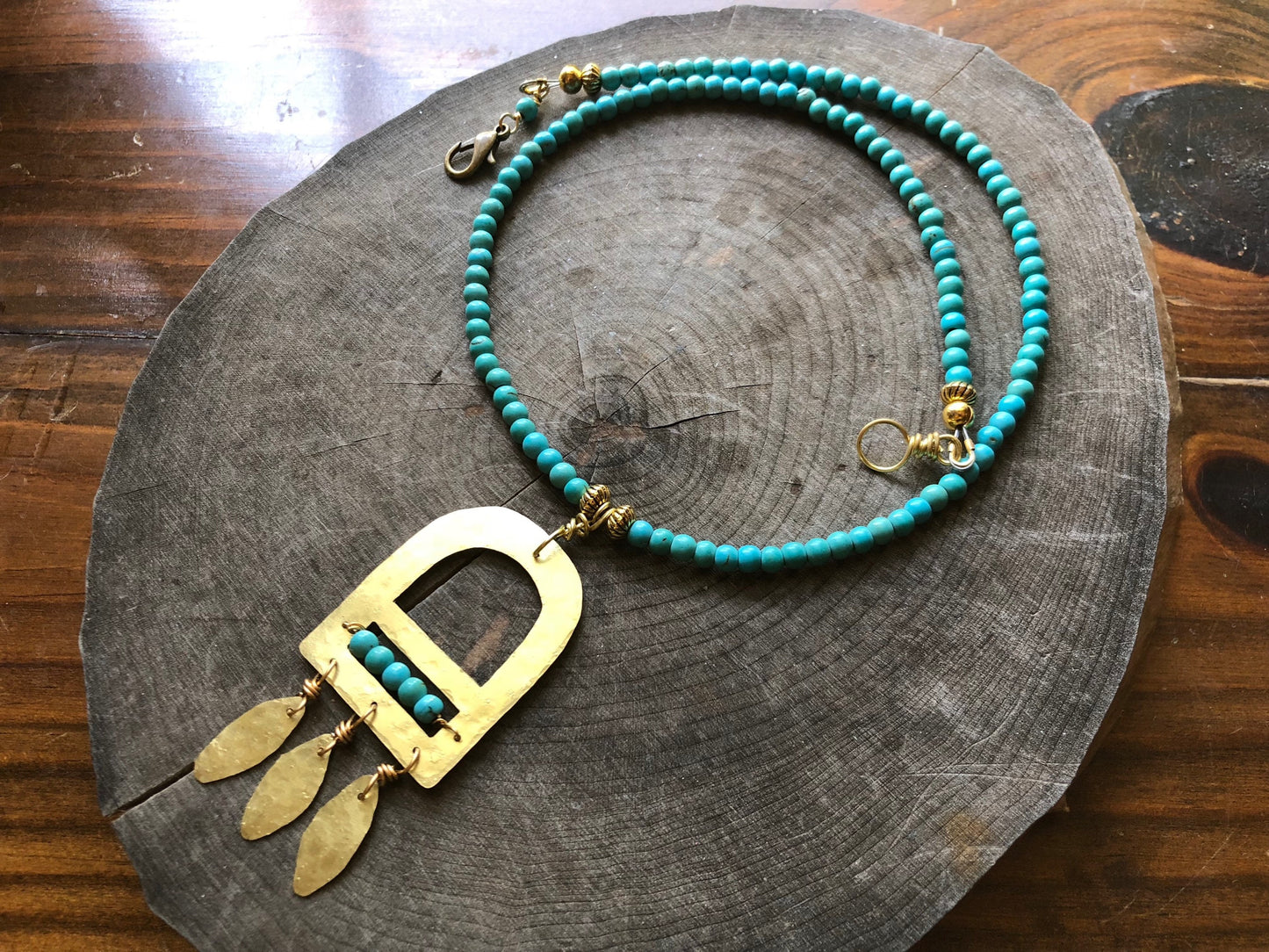 Brass Fringe & Turquoise Beaded Necklace - Geometric Handmade Jewelry