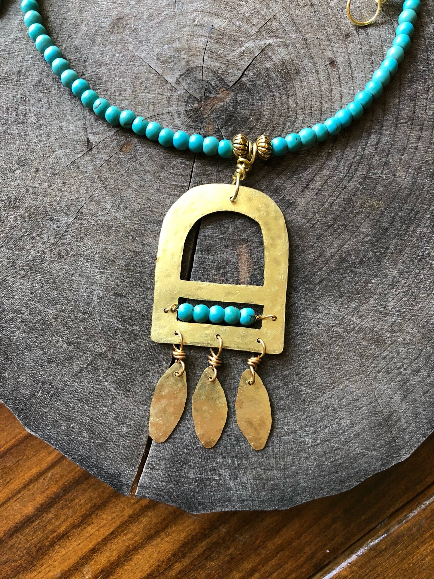 Brass Fringe & Turquoise Beaded Necklace - Geometric Handmade Jewelry