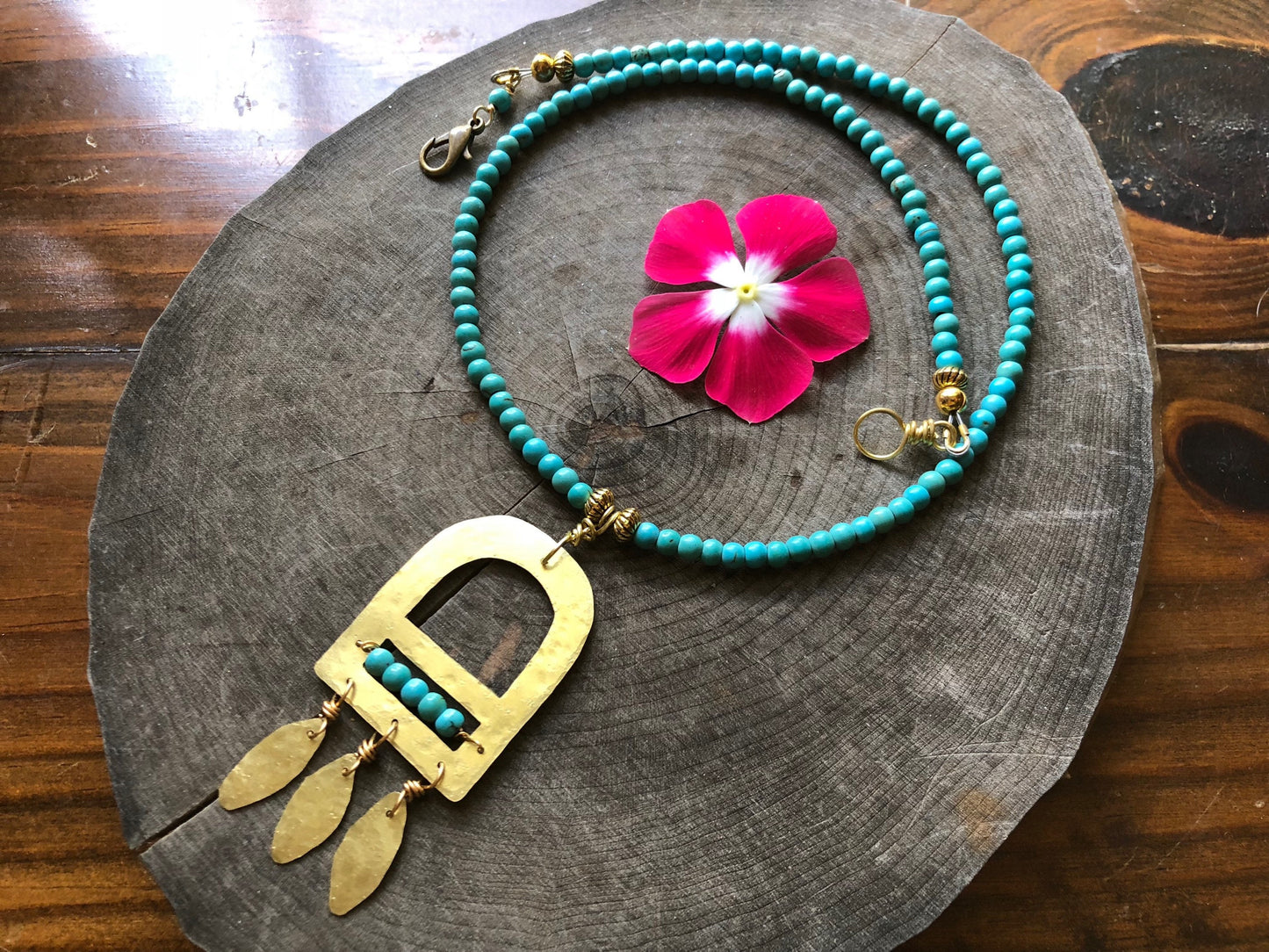 Brass Fringe & Turquoise Beaded Necklace - Geometric Handmade Jewelry