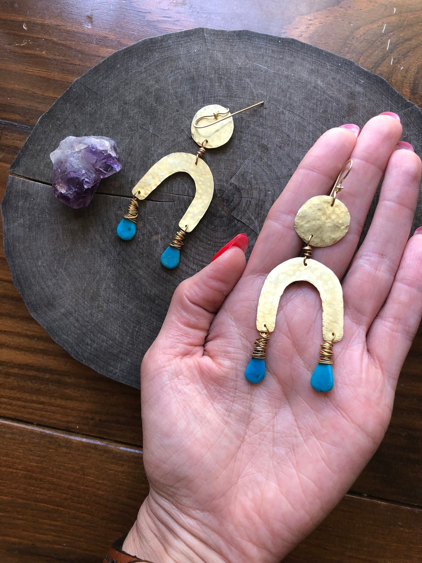Turquoise & Brass Arc Earrings: Handmade Statement Jewelry