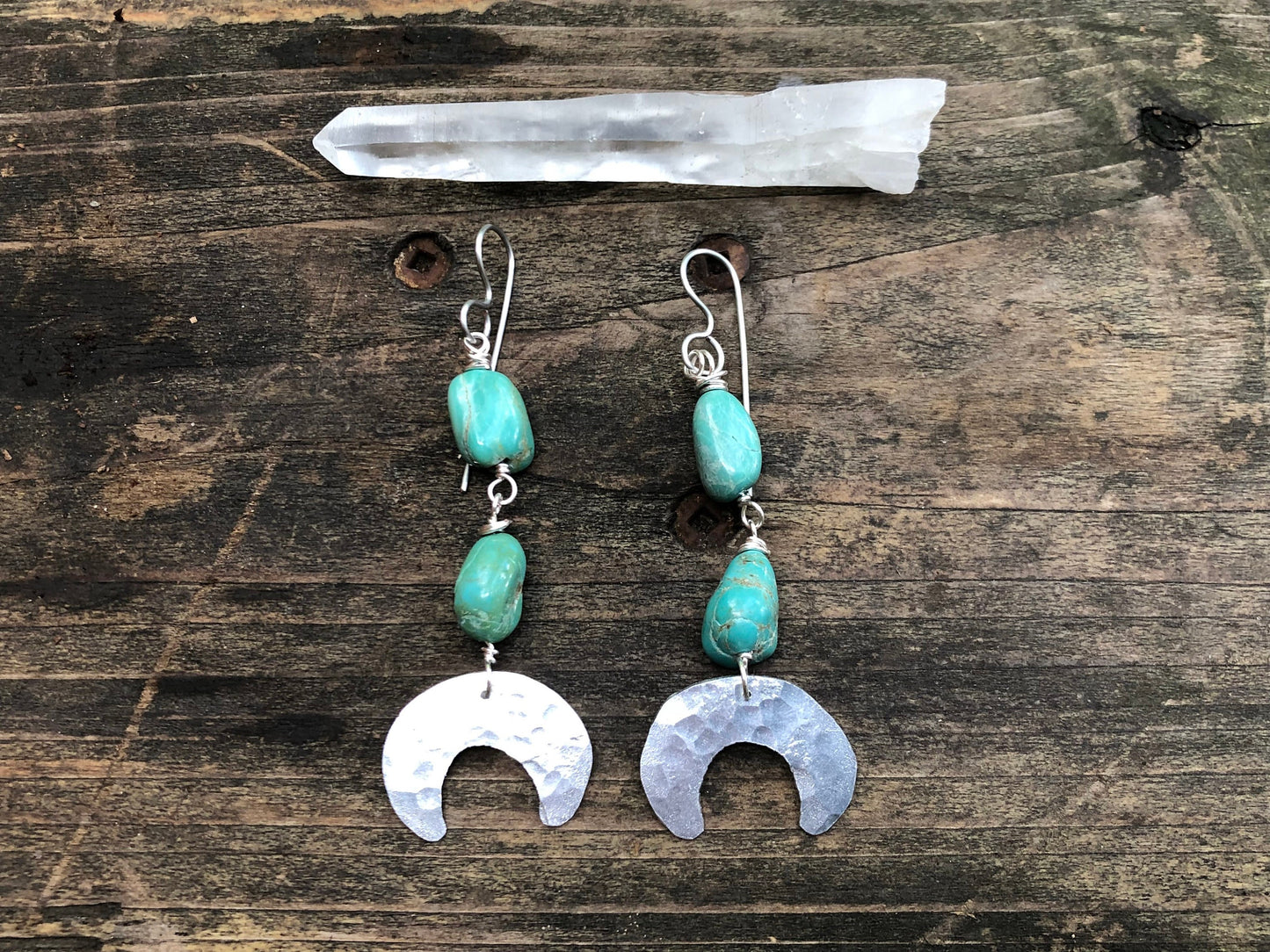 Handmade Turquoise Crescent Moon Earrings: Hammered Metal Luna Design
