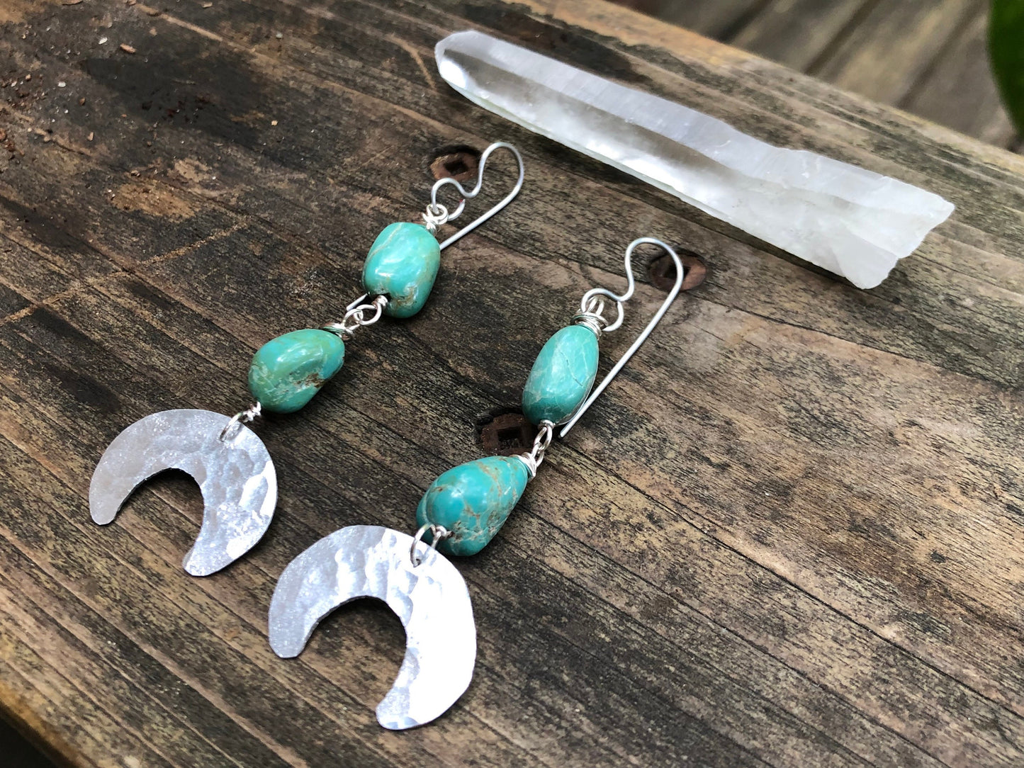Handmade Turquoise Crescent Moon Earrings: Hammered Metal Luna Design