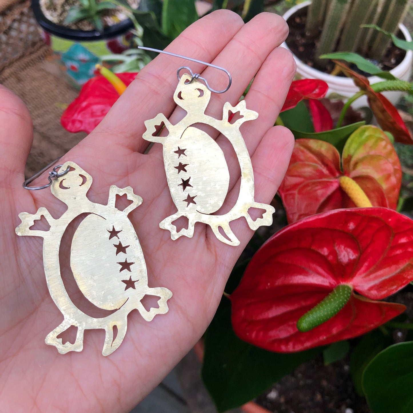 Handmade Celestial Turtle Earrings: Cutout Copper Tortoise Jewelry