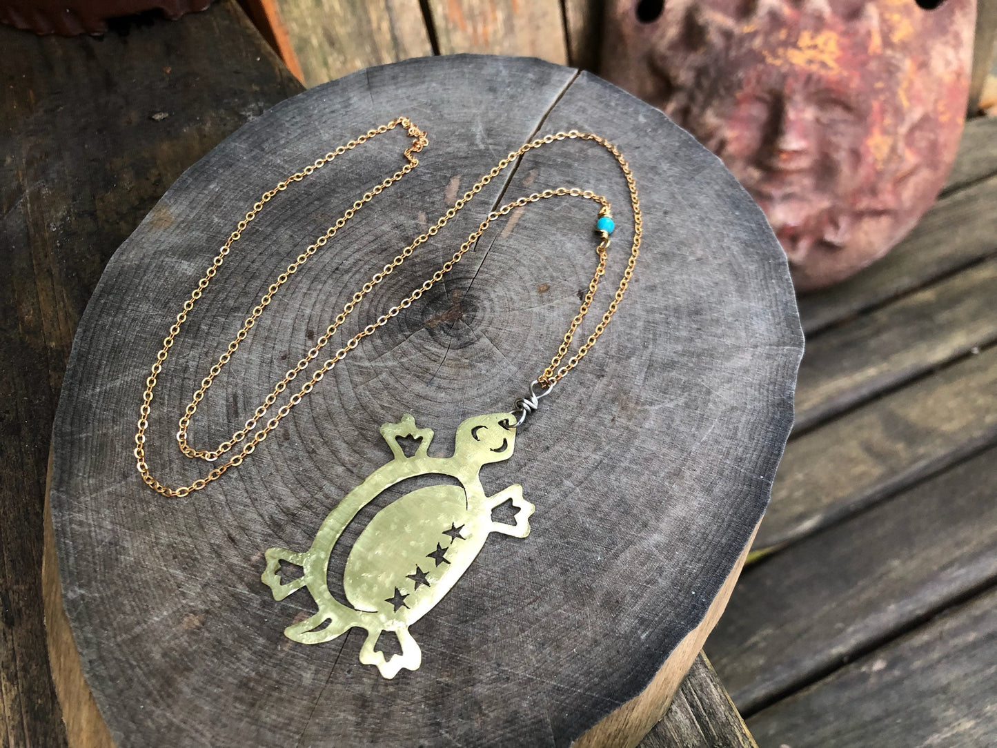 Hammered Brass Turtle Pendant Necklace: Long Celestial Tortuga