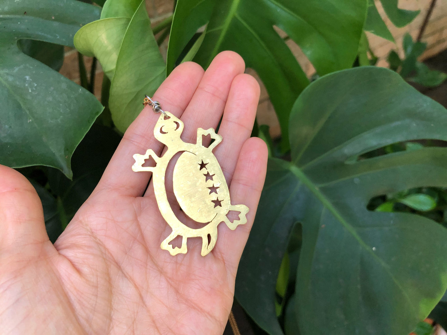 Hammered Brass Turtle Pendant Necklace: Long Celestial Tortuga