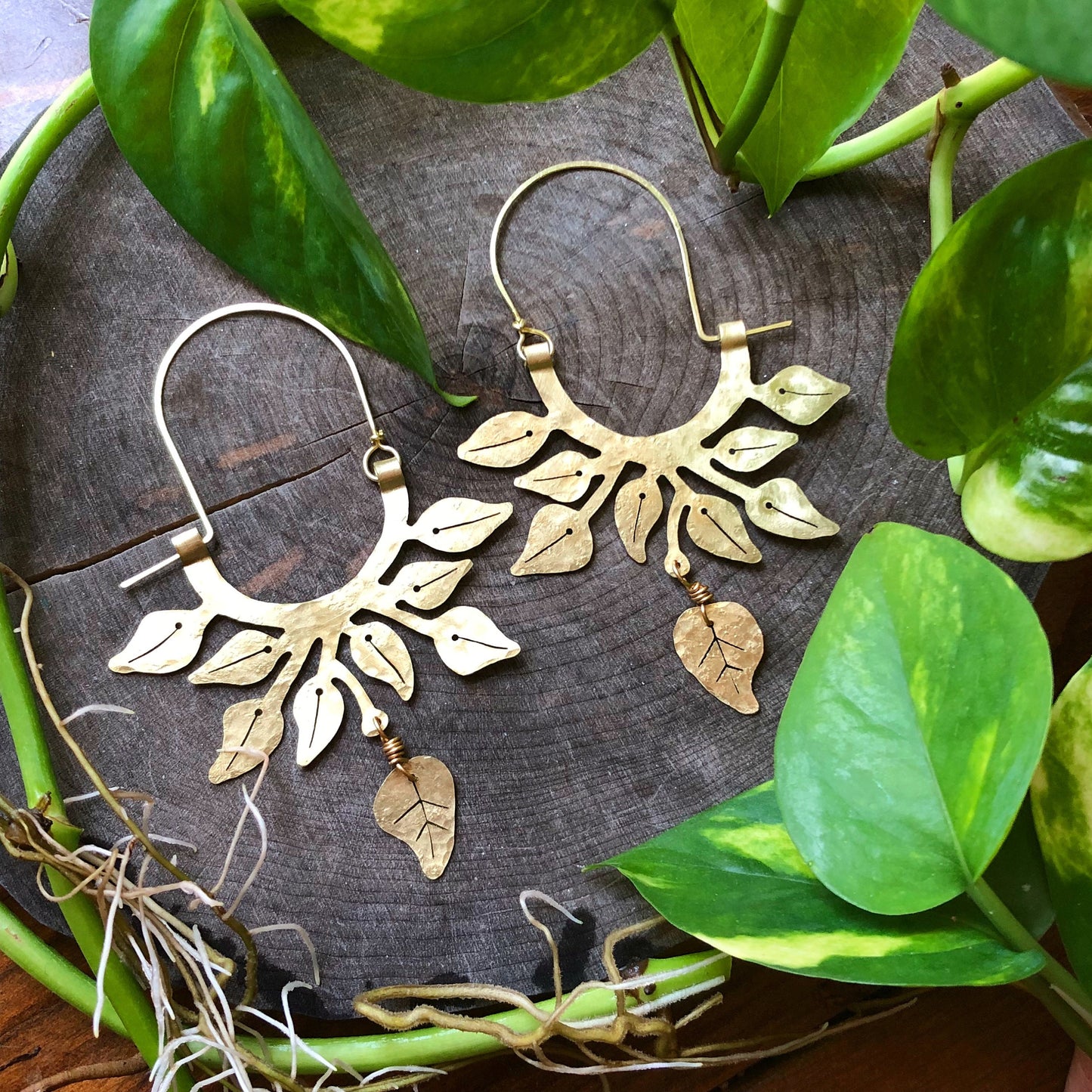 Handmade Pothos Leaf Hoop Earrings: Hammered Aluminum Botanical Jewelry