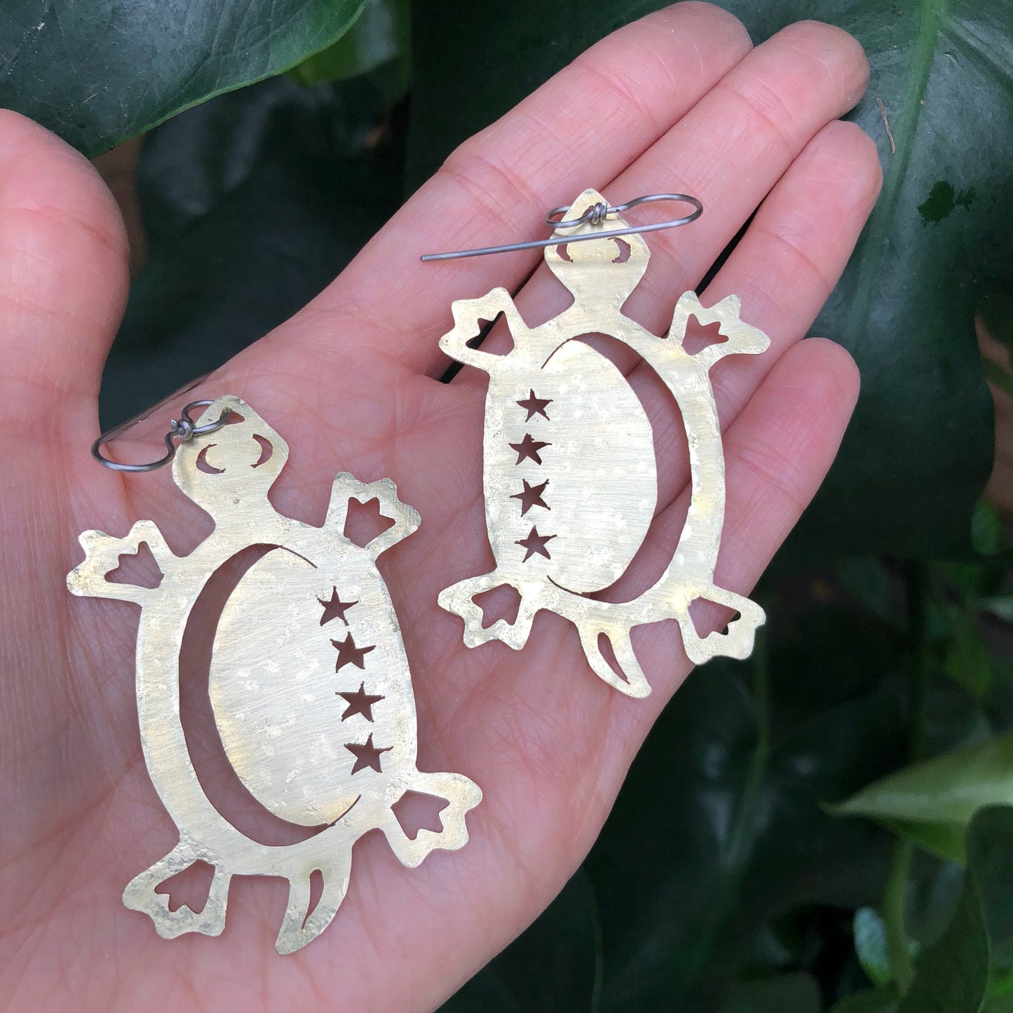 Handmade Celestial Turtle Earrings: Cutout Copper Tortoise Jewelry
