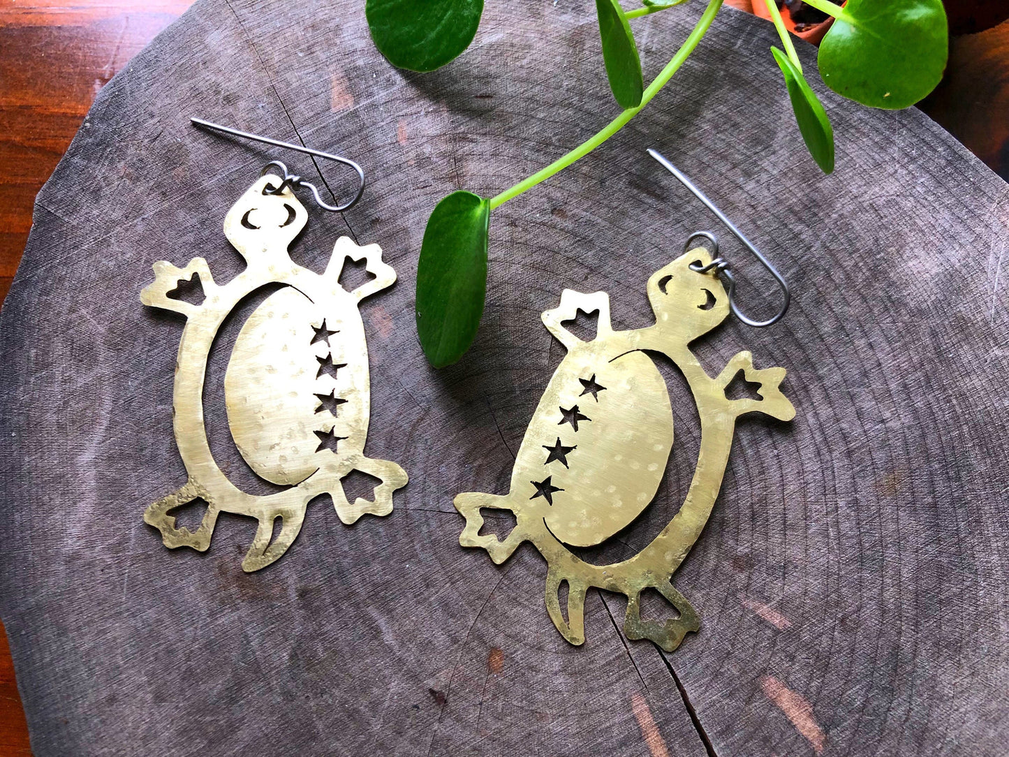 Handmade Celestial Turtle Earrings: Cutout Copper Tortoise Jewelry