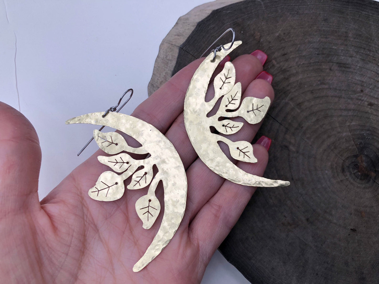 crescent moon and leaf earrings, Luna garden earrings