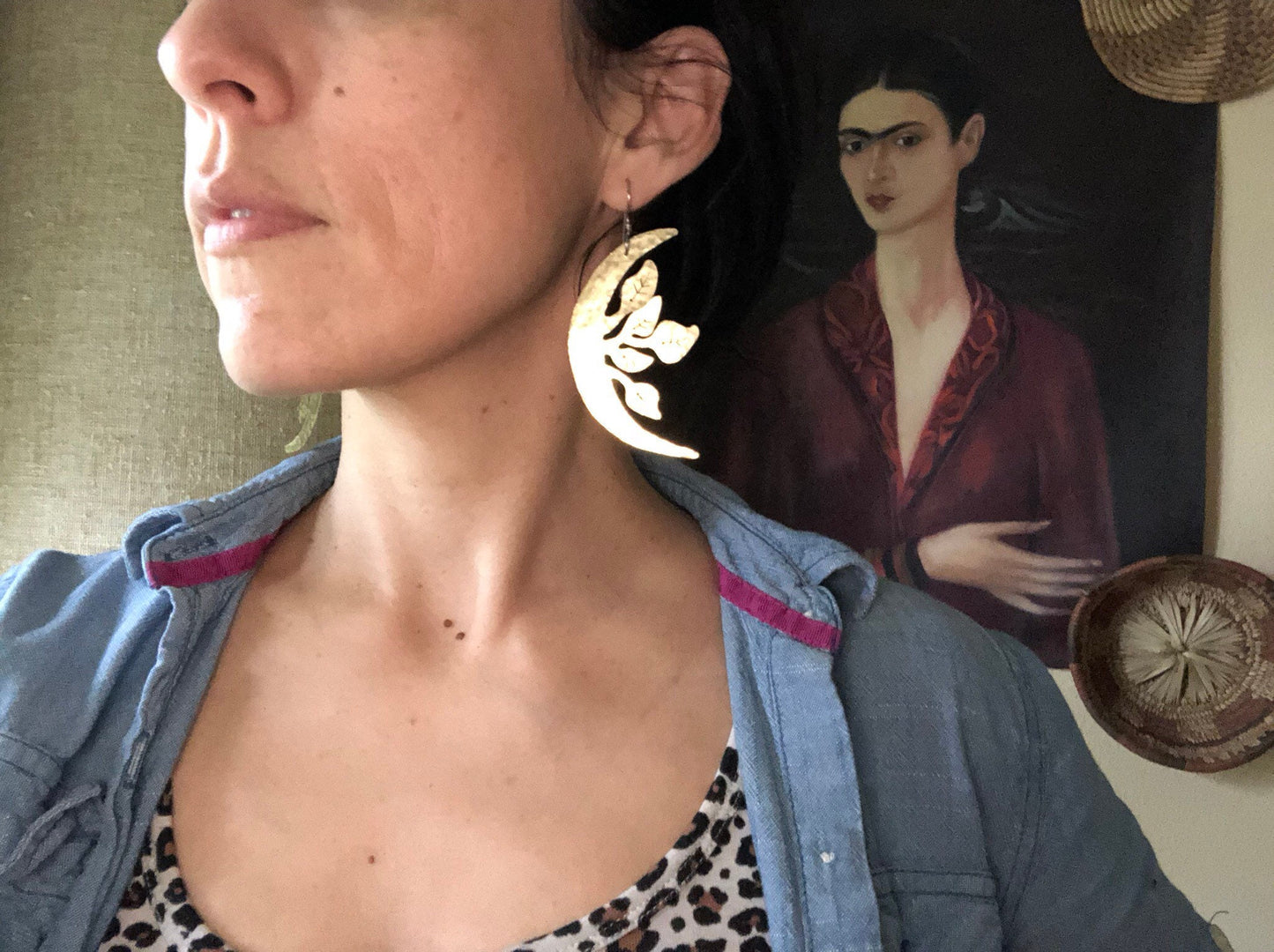 crescent moon and leaf earrings, Luna garden earrings