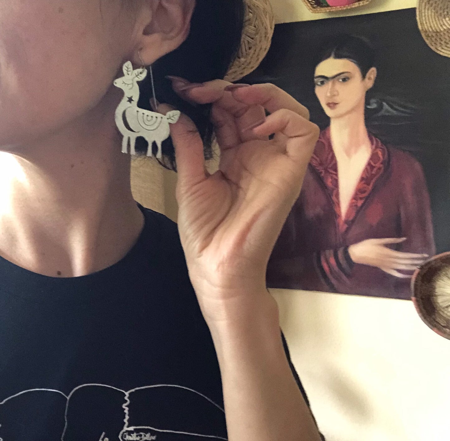 Handmade Otomi Llama Earrings: Celestial Luna Design