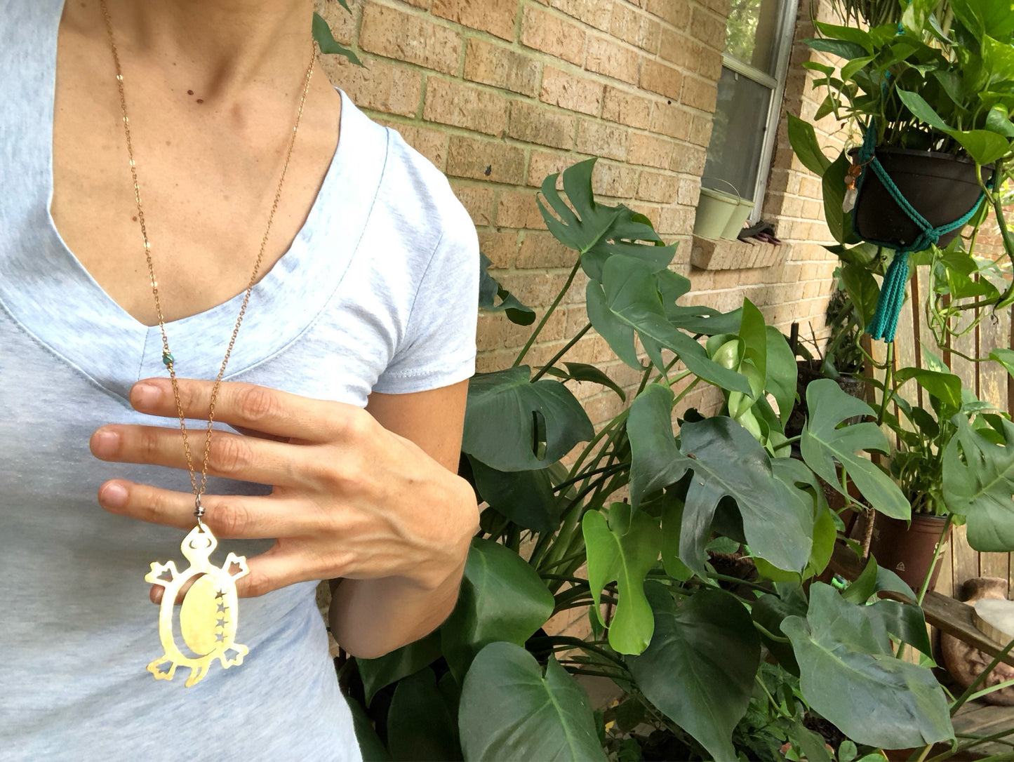 Hammered Brass Turtle Pendant Necklace: Long Celestial Tortuga