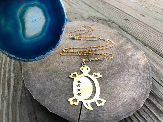 Hammered Brass Turtle Pendant Necklace: Long Celestial Tortuga