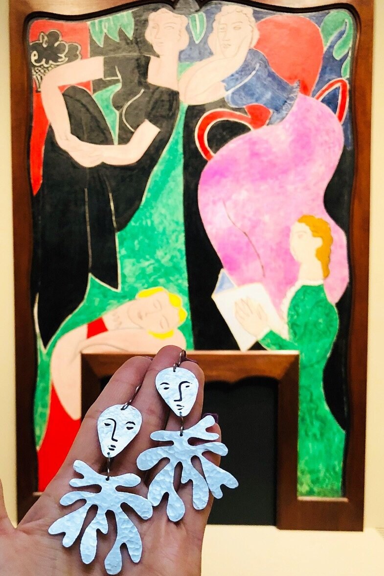 Handmade Surreal Face & Laurel Earrings: Brass Dangle Earrings